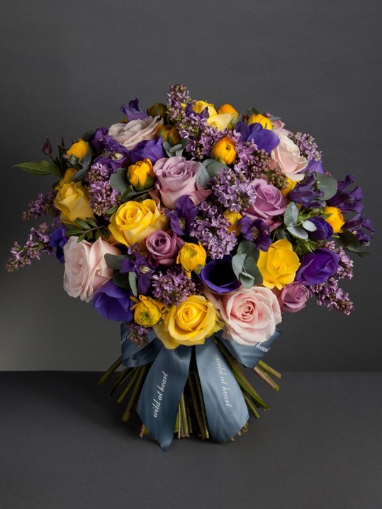 Yellow Roses & Violets flowers for year 50 wedding anniversary
