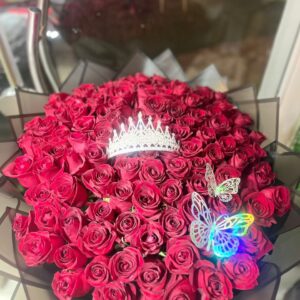 The Empress Bouquet: 100+ Deep Red Roses with Tiara & Love Letter Option