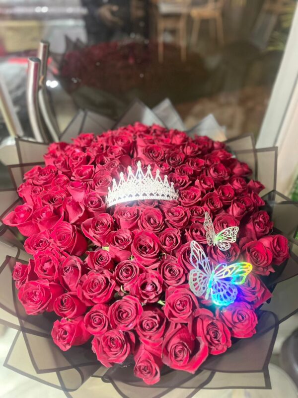 The Empress Bouquet: 100+ Deep Red Roses with Tiara & Love Letter Option