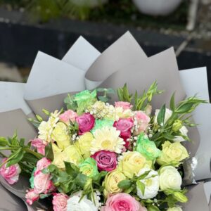 Enchanted Garden Birthday Bouquet: Pastel Rainbow Roses & Gerbera