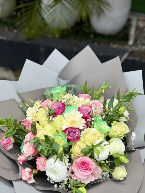 Enchanted Garden Birthday Bouquet: Pastel Rainbow Roses & Gerbera