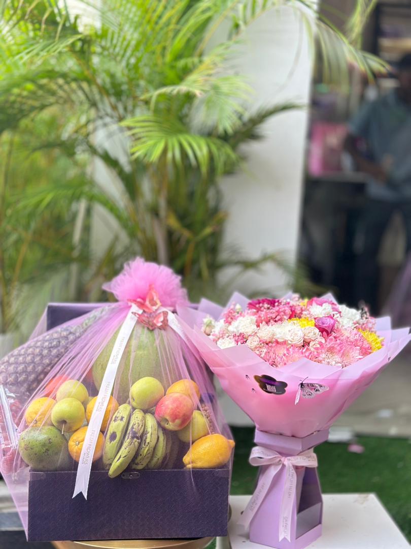 The Deluxe Wellness Duo: Fruit Hamper & Pastel Bloom Bouquet Gift Set