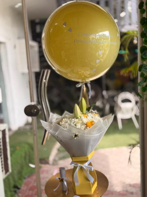 Personalized Bubble Balloon & White Lily Bouquet: The Celebration Set