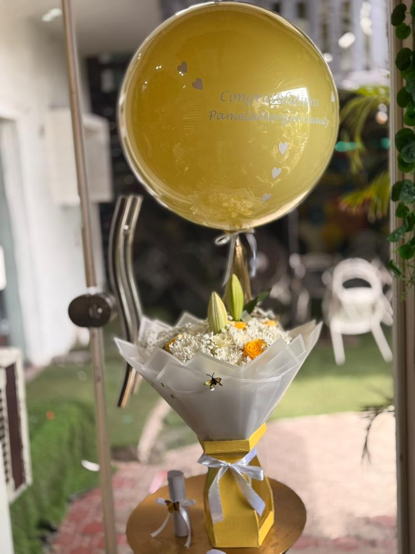 Personalized Bubble Balloon & White Lily Bouquet: The Celebration Set