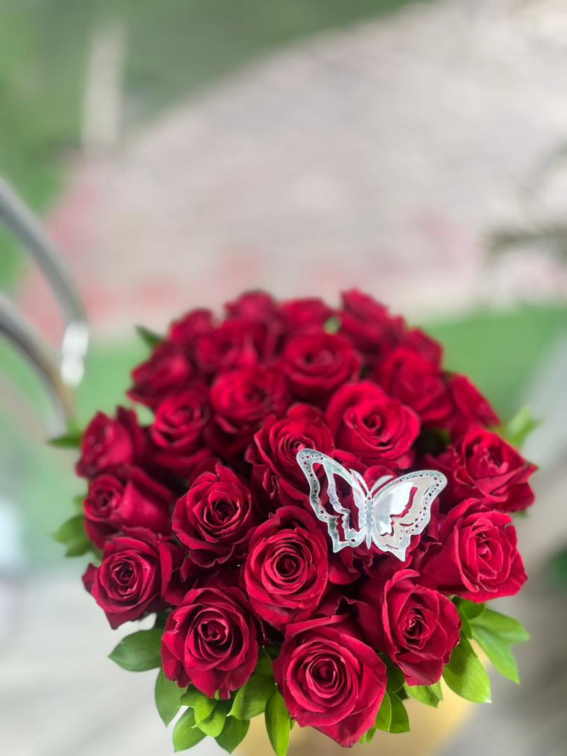 Velvet Passion Rose Box: Classic Red Roses with Silver Butterfly Accent