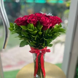 Timeless Elegance Vase: Dozen Red Roses and Lush Greenery