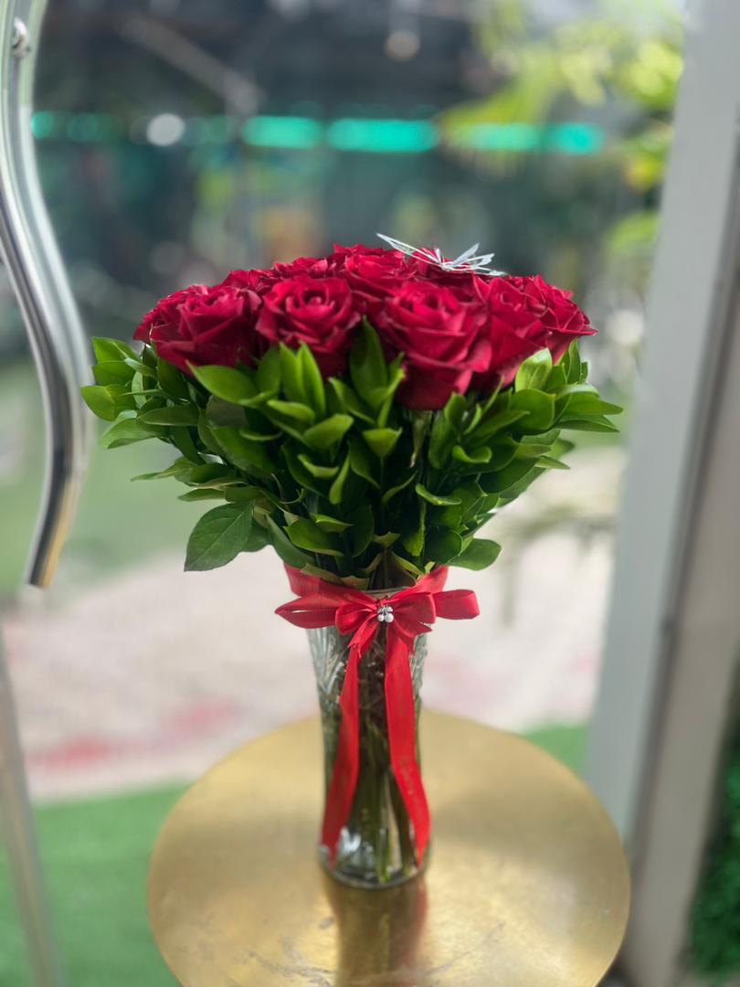Timeless Elegance Vase: Dozen Red Roses and Lush Greenery