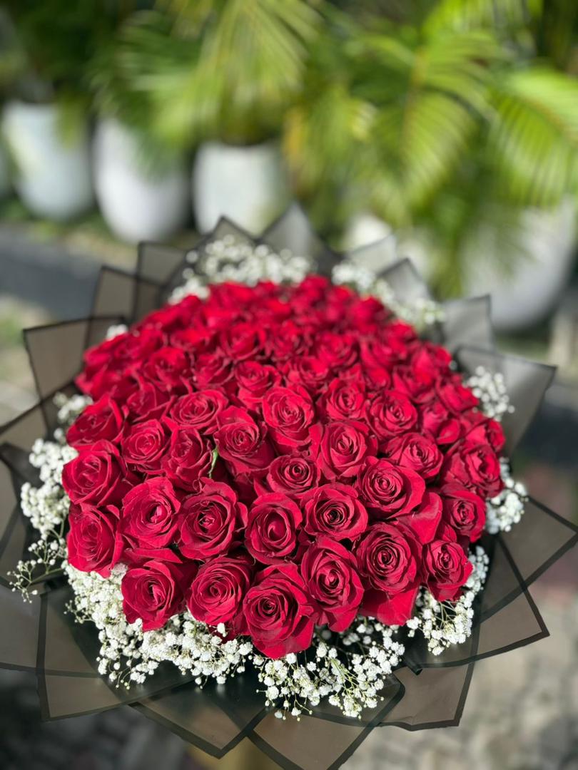 The Infinite Love Bouquet: 100-Stem Deep Red Roses & Baby's Breath