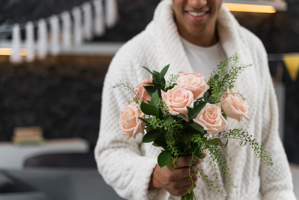 Man giving wife/girlfriend flowers