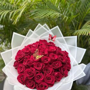 Imperial Blossom Rose Luxe Bouquet – Grand Red Rose Arrangement with Golden Butterfly Accents & Architectural Geometric Wrap