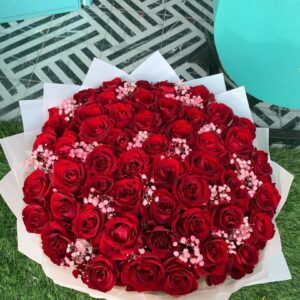 The Velvet Passion Grand Red Rose & Pink Gypsophila Bouquet