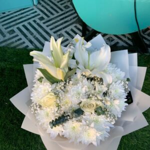 The Pure Radiance Grand White Lily & Rose Pedestal Arrangement